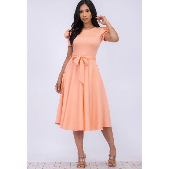Puff Sleeve Cocktail Dress, Sizes 1X - 3X (Peach) - Picture 4 of 5